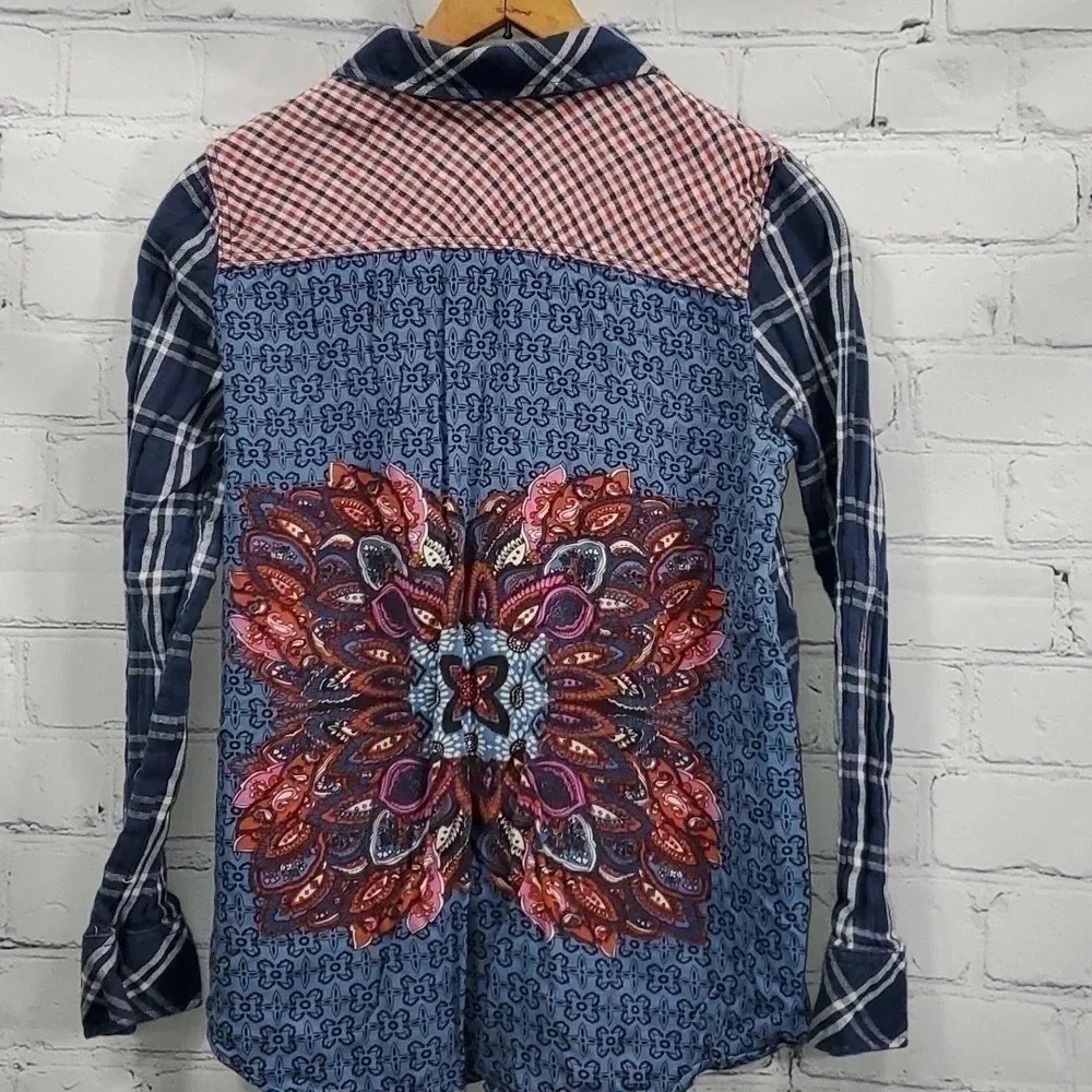 Via Milano Flannel Button Down Shirt Western Boho Womens Size S